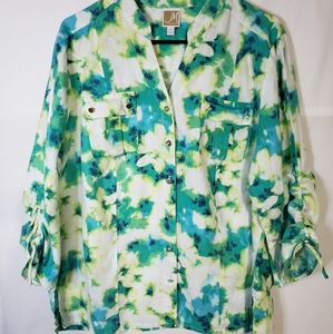 Linen JM Collection Green Jacket Blouse Ruched Sleeves Women's Size 14